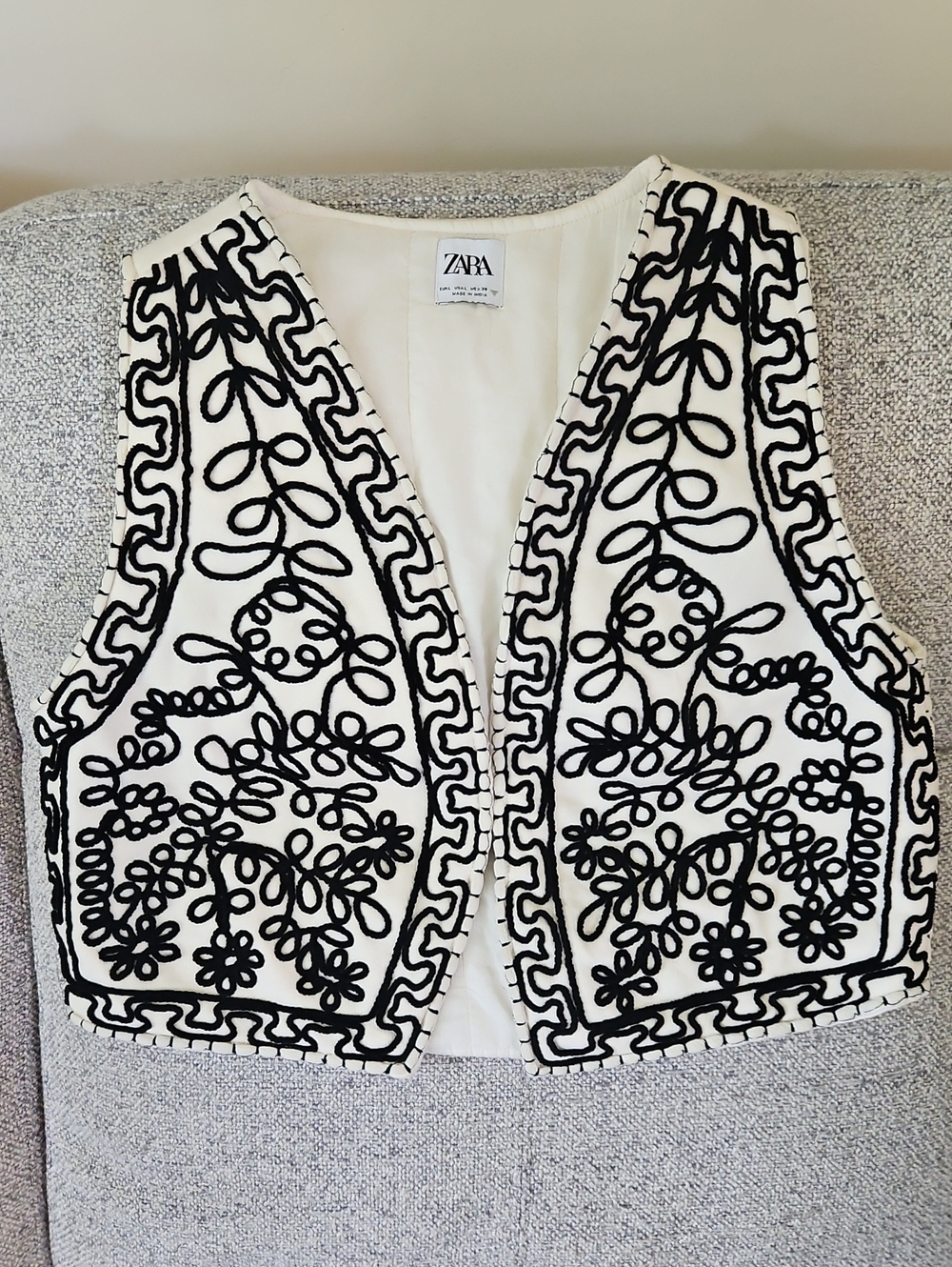 Zara Quilted Cream Vest with Black Embroidered Motif